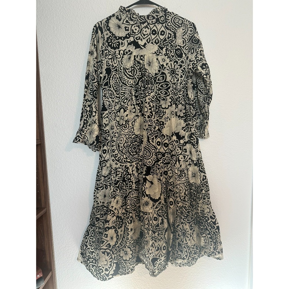 Umgee Black Vintage Garden Shirt Dress Tiered Midi Length w/ Puff Sleeves sz S - Picture 8 of 9